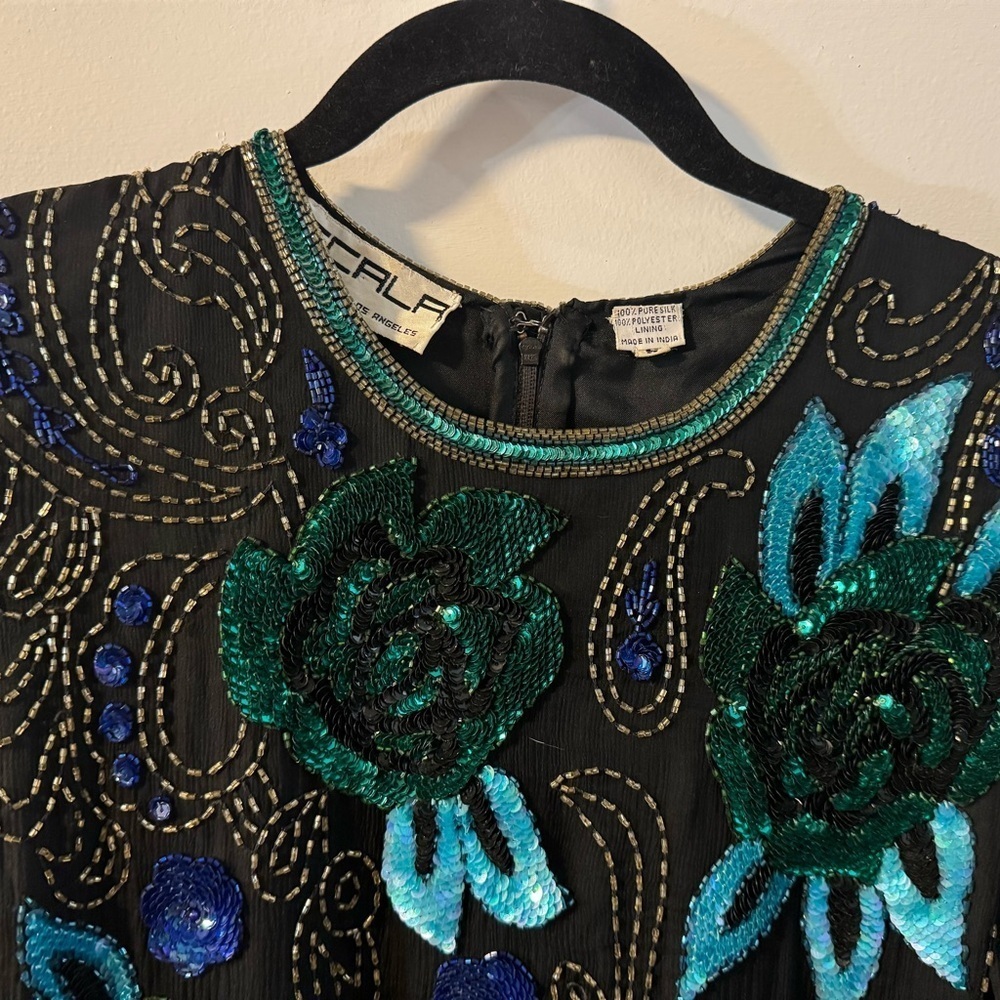 VTG Scala Beaded Silk Blouse Long Sleeve Elegant Party Sparkle Top Blue Purple - Picture 6 of 16